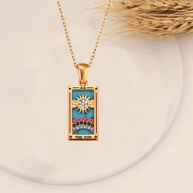 Enchanting Vintage Zirconia Tarot Card Necklace - A Magical Amulet of Wealth and Luck in 18k Gold Plated Stainless Steel