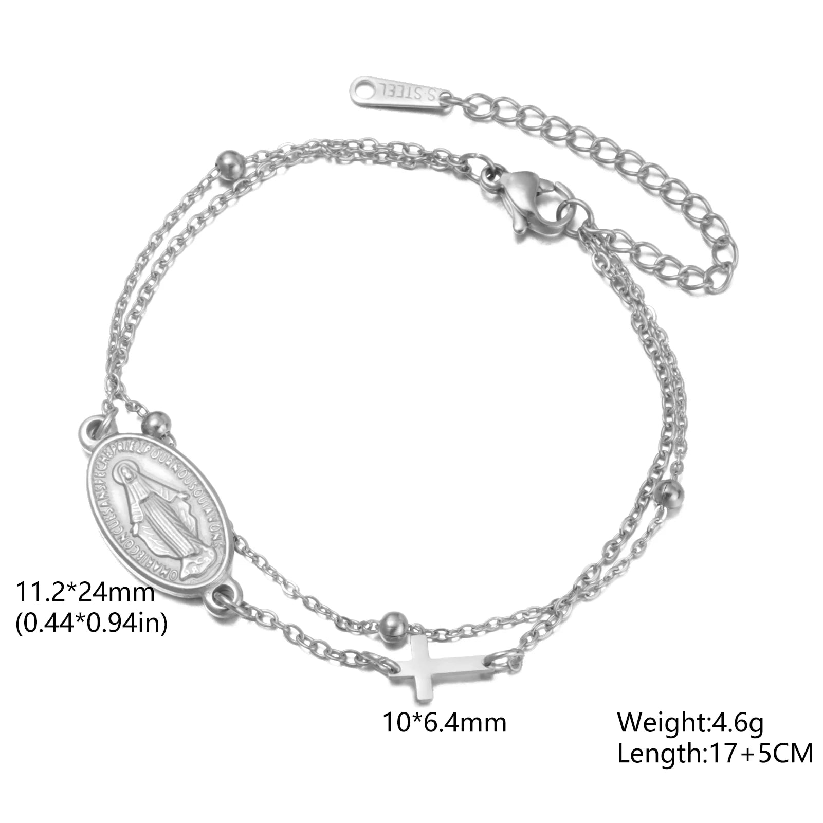 Virgin Mary with Cross Pendant Bracelets Stainless Steel Beads Chain Bracelets