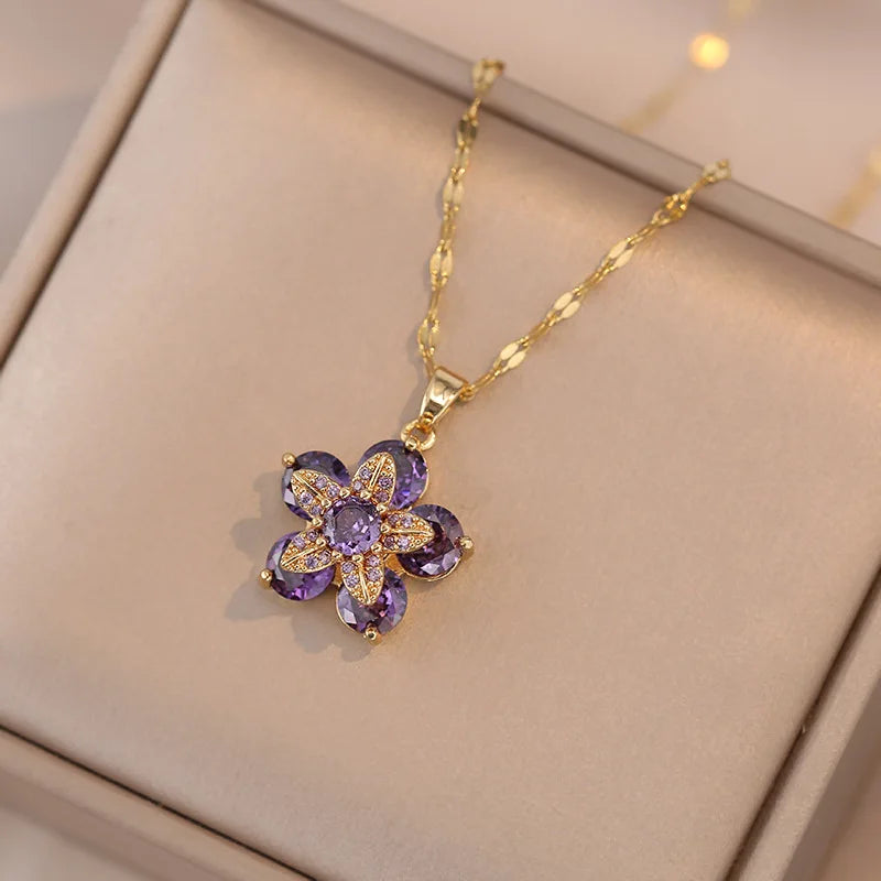 Shiny Zircon Romantic Flower Pendant Necklace