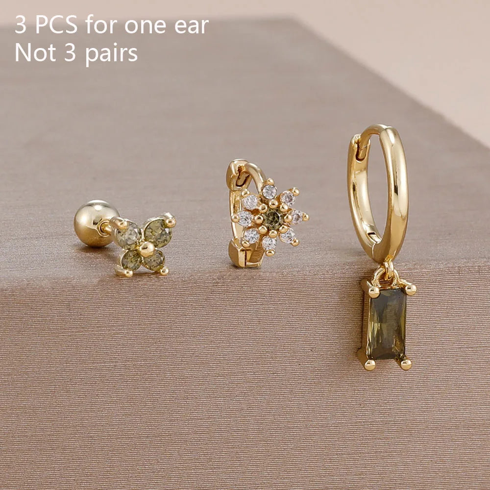 3PCS 14K Gold Plated Zircon Square Hoop Earrings Set