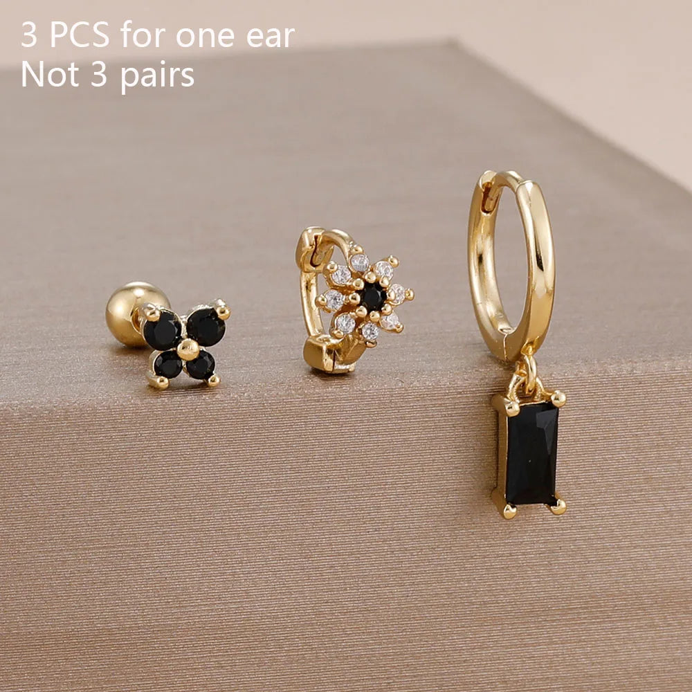 3PCS 14K Gold Plated Zircon Square Hoop Earrings Set
