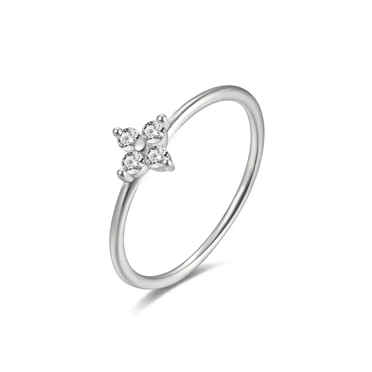 925 Thai Silver Inlaid Four Leaves Clover Zirconia Flower Ring