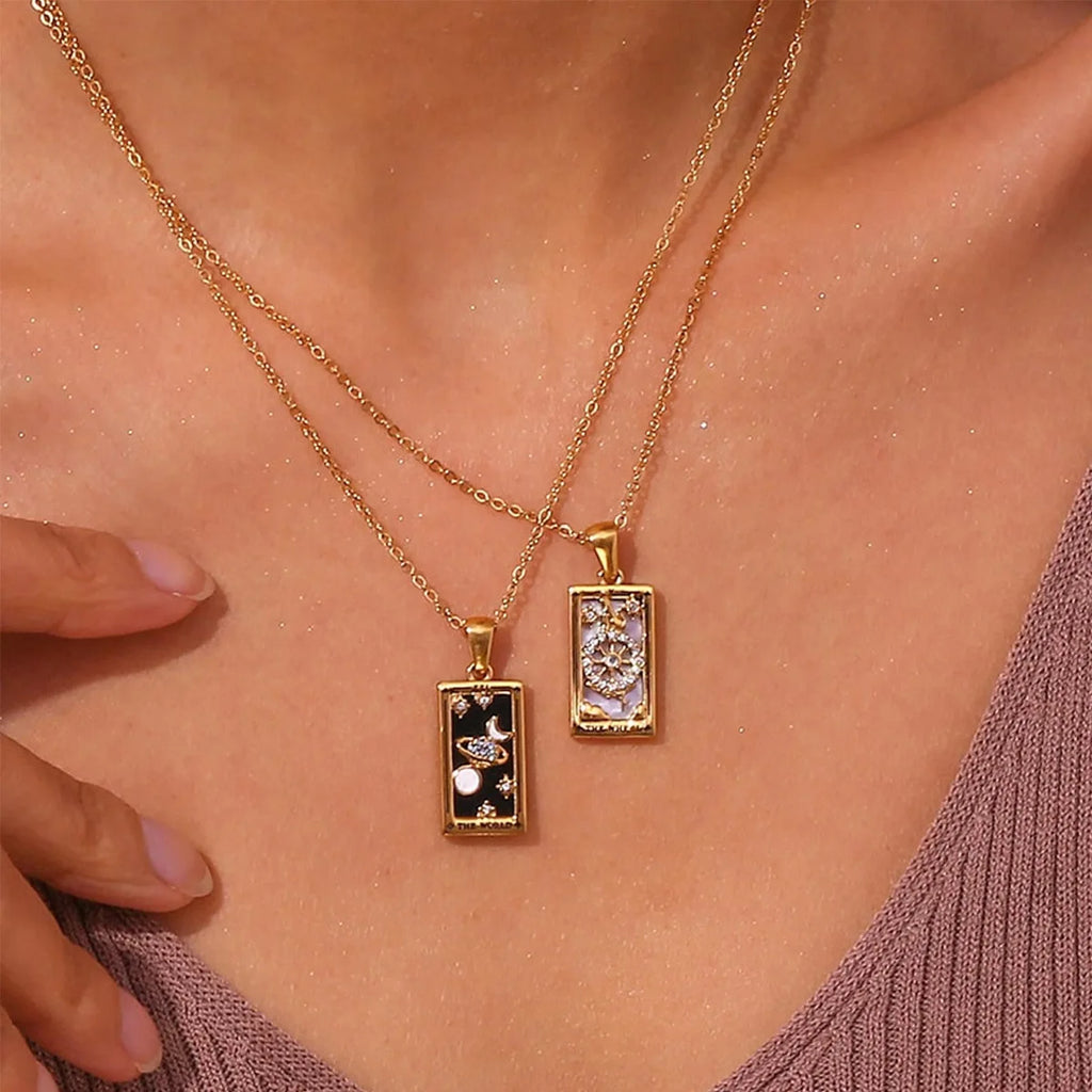 Enchanting Vintage Zirconia Tarot Card Necklace - A Magical Amulet of Wealth and Luck in 18k Gold Plated Stainless Steel