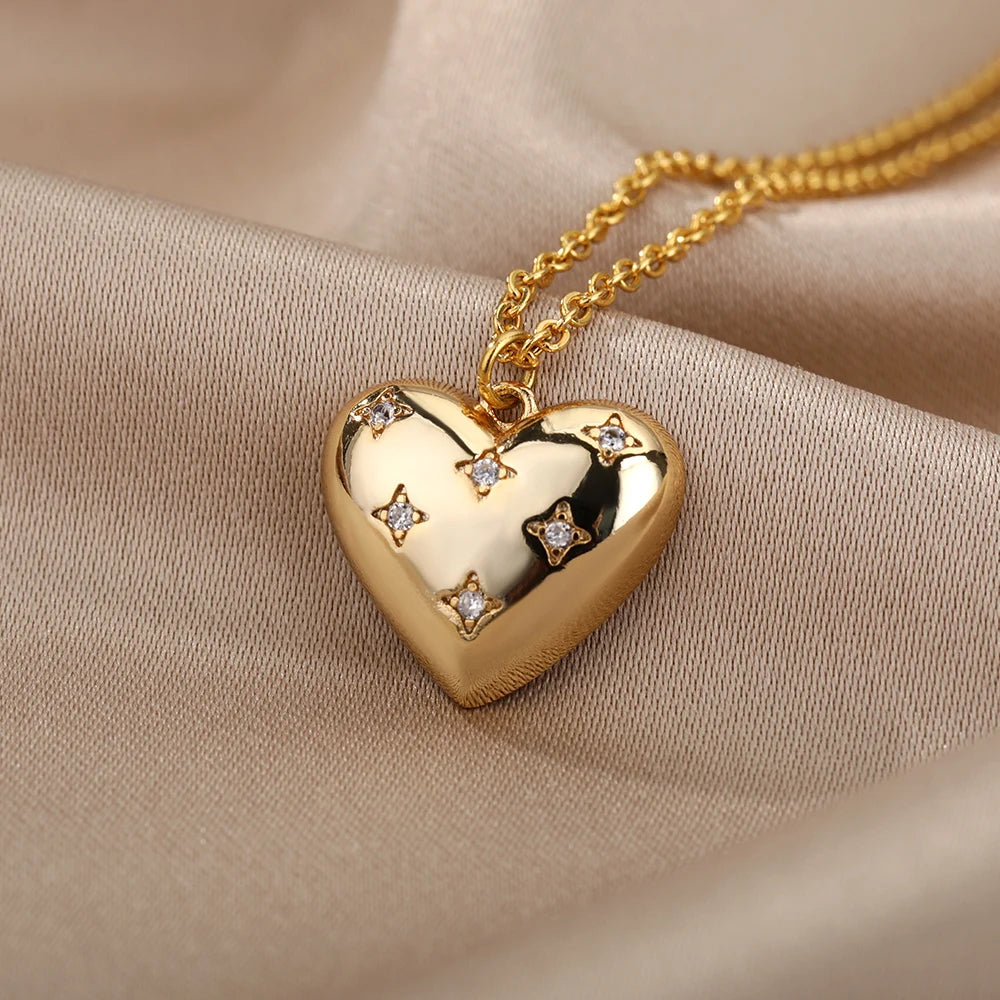 Zircon Heart Stainless Steel Gold Color Necklace