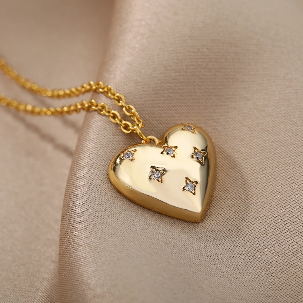 Zircon Heart Stainless Steel Gold Color Necklace