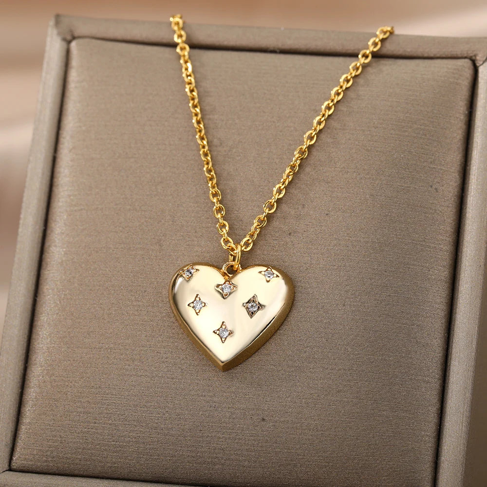 Zircon Heart Stainless Steel Gold Color Necklace