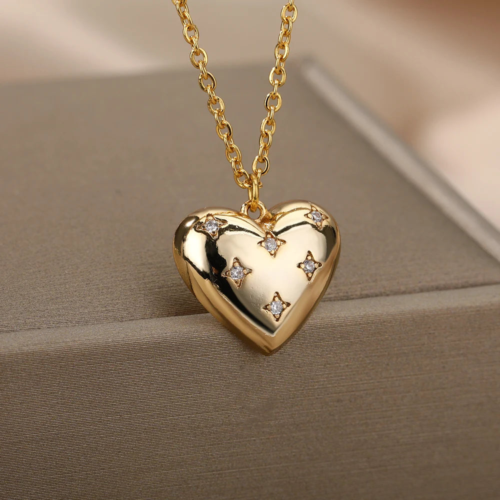 Zircon Heart Stainless Steel Gold Color Necklace