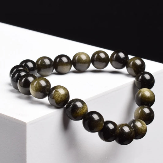 Natural Golden Obsidian Stone Beads Bracelet Men Women Golden Light Rainbow Obsidian Raw Stone round Bead Natural Energy Jewelry